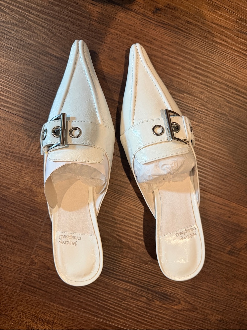 Jeffrey Campbell White Pointed Buckle Slip-On Mules